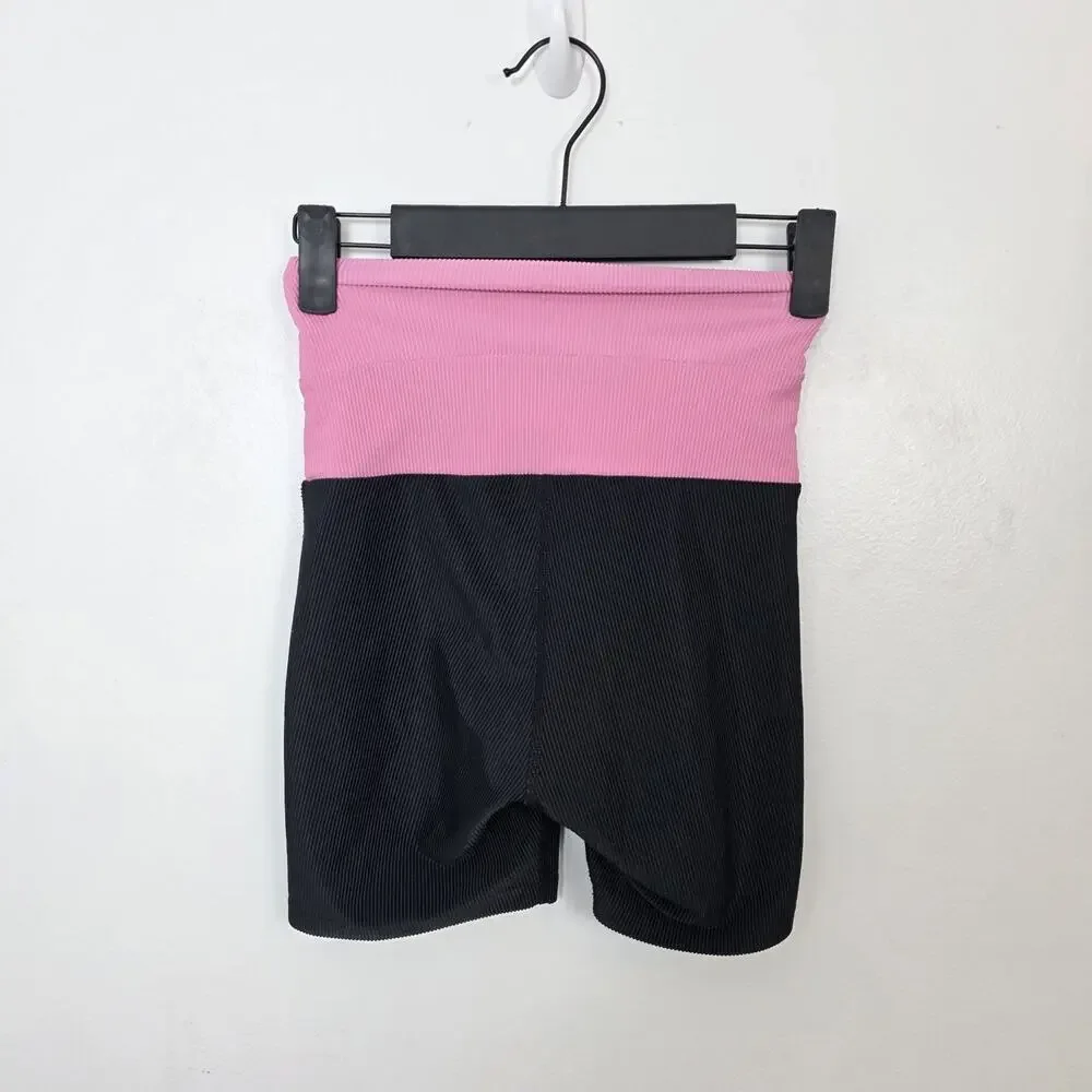 Beach Riot Black Pink Ribbed Stretchy Athletic‎ Summer Biker Shorts Size XS